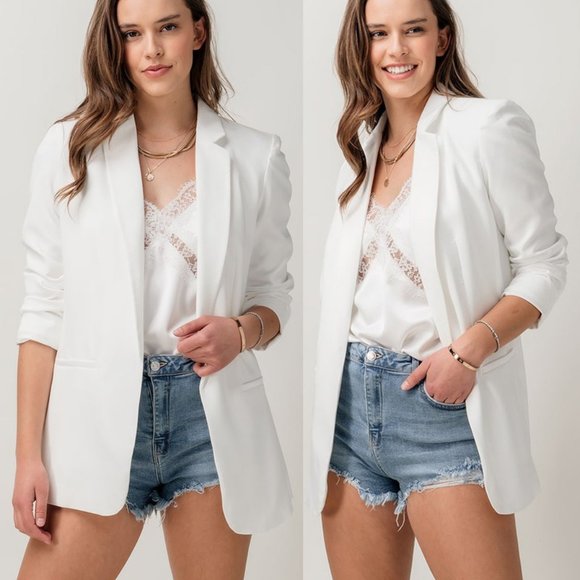 NEW Classic Collar Mid Length Side Pocket Open Front Cardigan Long Blazer Ivory - Picture 3 of 10